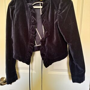 leifsdottir Black Velvet Ruffle-Trim Open Front Jacket